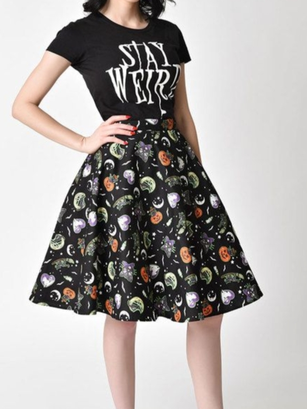 Hell Bunny Black Halloween Circle Skirt with Orange, Green & Purple Print